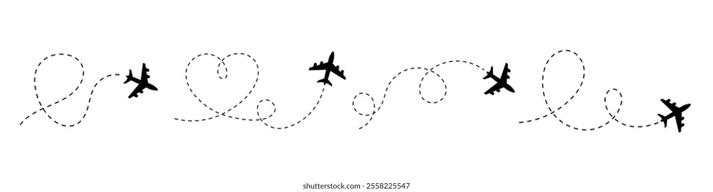 Airplane routes set. Airplane route along the dotted line. Flight path of the aircraft. Plane paths. Aircraft tracking, planes, travel, romantic travel.