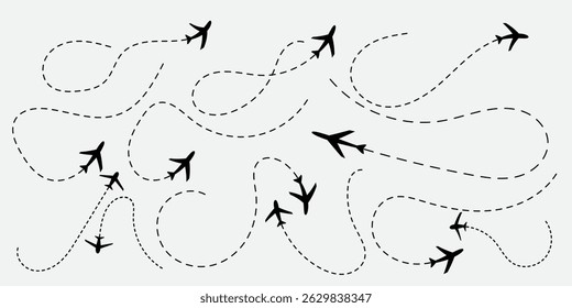 Airplane routes set. Airplane route along the dotted line. Flight path of the aircraft. Plane paths. Aircraft tracking, planes, travel, romantic travel. vector illustrator