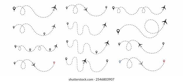 Airplane routes set. airplane Route Icon Set. aircraft location tracking in a dotted path vector illustration isolated on white background.