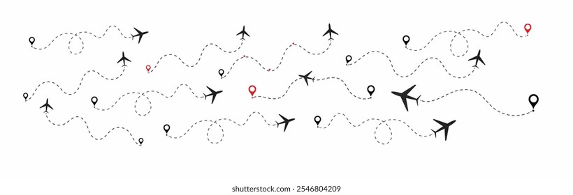 Airplane routes set. airplane Route Icon Set. aircraft location tracking in a dotted path vector illustration isolated on white background.