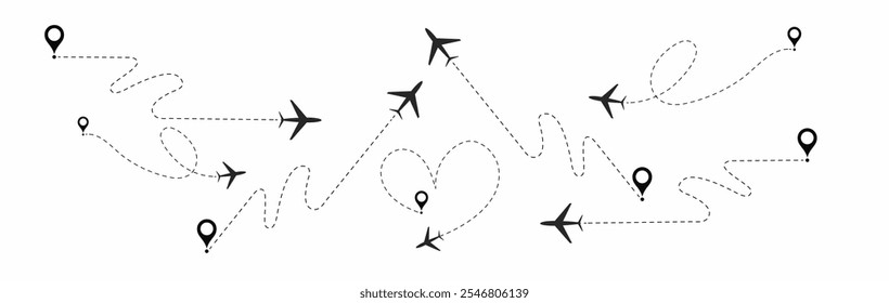 Airplane routes set. airplane Route Icon Set. aircraft location tracking in a dotted path vector illustration isolated on white background.