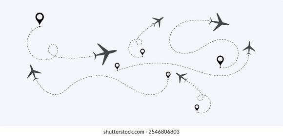 Airplane routes set. airplane Route Icon Set. aircraft location tracking in a dotted path vector illustration isolated on white background.