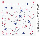 Airplane routes set vector. Aircraft route dashed line. Plane dotted paths. Aircraft tracking. Airplanes and location pins. Plane travel from start point. Travel navigation routes Vector illustration.