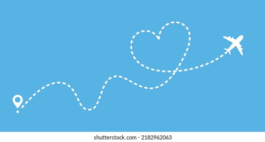 Airplane routes travel with heart shape vector icon isolated on blue background