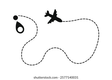 Airplane routes, Travel icon, Travel from start point and dotted line tracing, Plane routes flight air dotted map drawing.