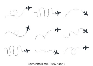 Airplane routes. Travel vector icon. Travel from start point and dotted line tracing.