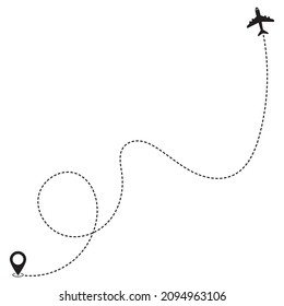 Rutas de avión. Icono de vector de viaje. Viaje desde el punto de inicio y seguimiento de líneas punteadas. Ilustración de dirección de vuelo. Plano y pin conectados por línea discontinua sobre fondo blanco