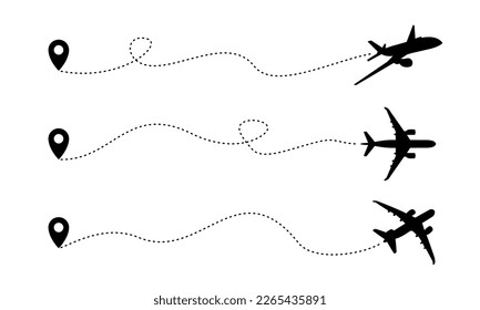 Airplane routes. Travel vector icon. Travel from start point and dotted line tracing. Vector illustration set