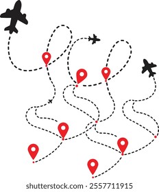 Airplane routes. Travel vector icon. Travel from start point Airplane dotted route line the way airplane. Set. Flying with a dashed line from the starting point and along the path