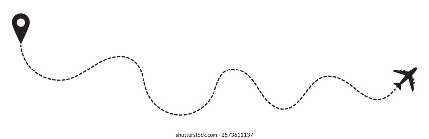 Airplane routes. Travel vector icon. Travel from start point and dotted line tracing. Airplane line path vector icon of air plane flight route with start point and dash line trace