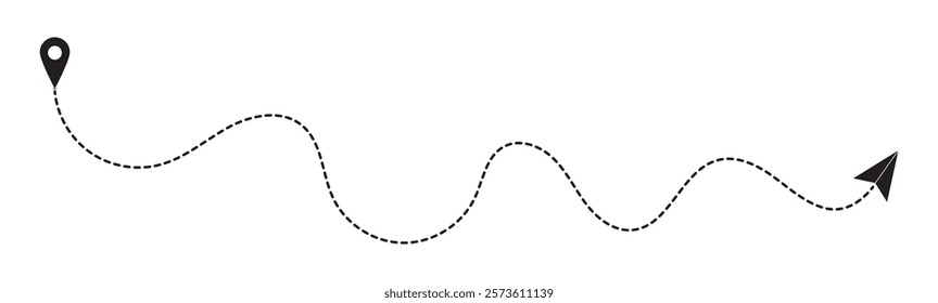 Airplane routes. Travel vector icon. Travel from start point and dotted line tracing. Airplane line path vector icon of air plane flight route with start point and dash line trace