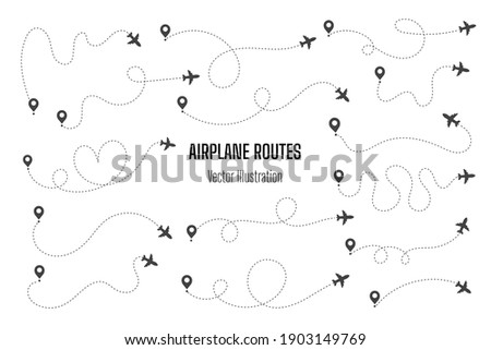 Airplane routes. Travel vector icon. Travel from start point and dotted line tracing.