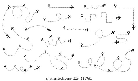 Airplane routes vector icon. . Plane paths. Aircraft tracking, planes, travel, map pins, location pins. EPS 10