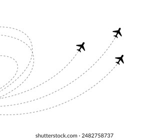 Airplane routes vector illustration, Travel route background. Travel dotted line tracing. Airplane line path vector icon of air plane flight route with dash line trace, air show isolated.