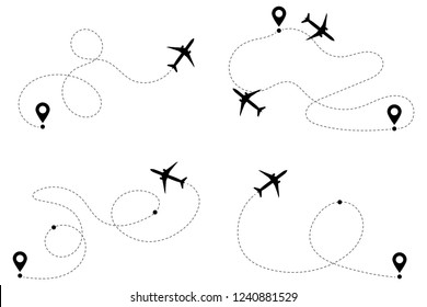 Airplane routes vector set. Line path vector icons of air plane flight routes with start point and dash line trace. Aircraft clip art icons with way path tracks. Airplanes minimal vector illustration