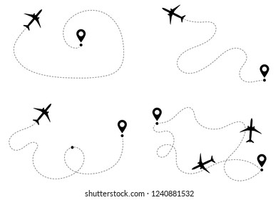 Airplane routes vector set. Line path vector icons of air plane flight routes with start point and dash line trace. Aircraft clip art icons with way path tracks. Airplanes minimal vector illustration