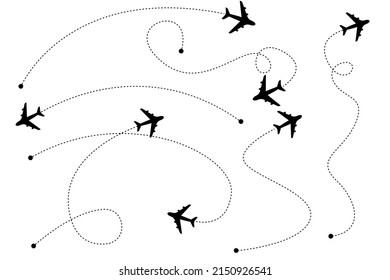 Airplane routes vector set. Line path vector icons of air plane flight routes with start point and dash line trace. Aircraft clip art icons with way path tracks. Airplanes minimal vector illustration