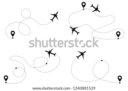 Airplane routes vector set. Line path vector icons of air plane flight routes with start point and dash line trace. Aircraft clip art icons with way path tracks. Airplanes minimal vector illustration