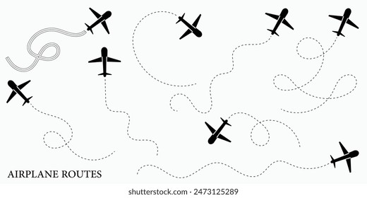 Airplane routes vector set. Plane dotted paths. Airplane routes icons and illustrations. Flying paths. Airplane icons. Flight path.