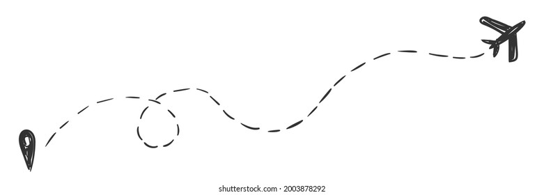 Airplane routes vector sketching icon of air plane flight path with start point and dash line trace, Travel vector icon simple hand drawn