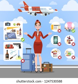 Airplane rules for the safety on board. Airport infographic for passenger. Liquid amount in baggage or luggage. Isolated flat vector illustration