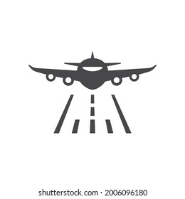 Airplane and runway black vector icon. Plane front, commercial flying symbol.