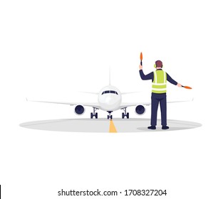 Airplane Runway Controller Semi Flat RGB Color Vector Illustration. Plane Arrival. Man In Uniform Navigate With Light Sticks. Male Airport Worker Isolated Cartoon Character On White Background