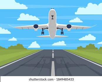 Airplane runway. Landing or taking off plane, passenger airplane in blue sky. Airport runway travel or vacation vector illustration. Aircraft departure flight, journey or trip concept