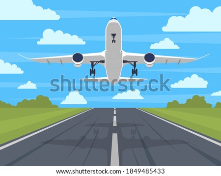 Airplane runway. Landing or taking off plane, passenger airplane in blue sky. Airport runway travel or vacation vector illustration. Aircraft departure flight, journey or trip concept