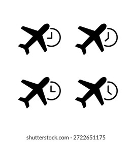 Icono de horario de avión establecido con símbolo de reloj. Señal de horario de vuelo, salida y viaje