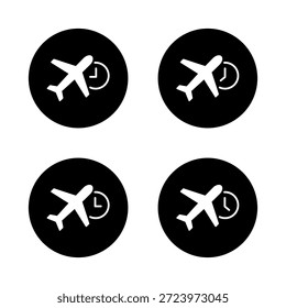 Icono de horario de avión establecido con símbolo de reloj. Tiempo de vuelo, salida y horario de viaje Iniciar sesión black circle
