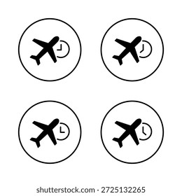 Icono de horario de avión establecido con símbolo de reloj. Esquema circular del Iniciar sesión de la hora de vuelo, la salida y el horario de viaje
