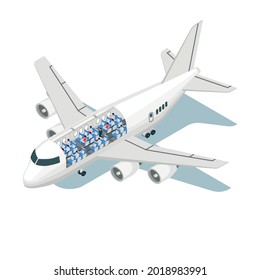 Airplane Scheme Isometric Composition With Isolated Image Of Jet Wit View Of Seats And Passenger Characters Vector Illustration