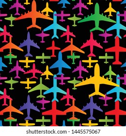 Airplane seamless background. Aircraft transportation colorful pattern template. Aviation vector repeatable texture.