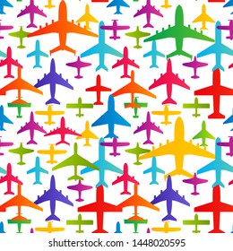 Airplane seamless background. Aircraft transportation colorful pattern template. Aviation vector repeatable texture.