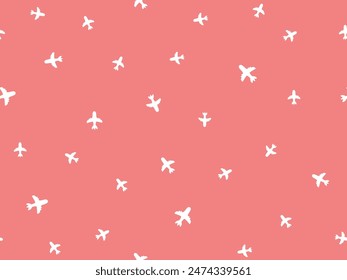 Patrón de avión sin fisuras. Patrón de superficie de plano lindo para la impresión de moda. Textura de Vector. Blanco sobre rojo claro.