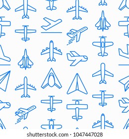 Airplane seamless pattern with thin line icons: agricultural aircraft, passenger's plane, military aviation, paper plane. Top, side, front views. Modern vector illustration.