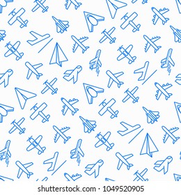 Airplane seamless pattern with thin line icons: agricultural aircraft, passenger's plane, military aviation, paper plane. Top, side, front views. Modern vector illustration.