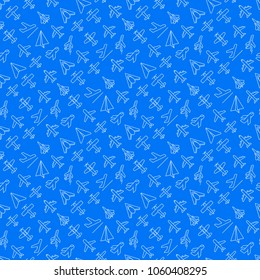 Airplane seamless pattern with thin line icons: agricultural aircraft, passenger's plane, military aviation, paper plane. Top, side, front views. Modern vector illustration.