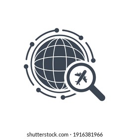 Airplane search icon. world travel airplane icon. find airplane schedule and ticket icon with vector illustration and flat style.