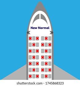 Airplane Seat After Covid-19 ,New Normal ,seats In Cabin Of Airplane And Some Seats Have A Red Cross ,vector ,illustrator.