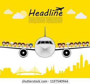 Airplane Seat Economy Class Card Plane and kids asian. flat design