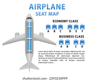 Airplane seat map business or economy class plane and place for text. Top view of business and economy classes Airplane information map. Realistic passenger plane seats. Vector illustration