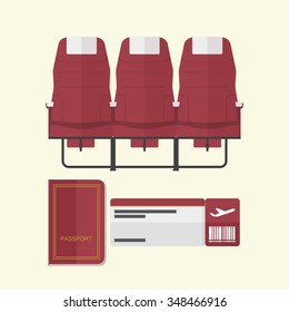 Airplane seat with passport and boarding pass in flat design .  Vector Illustration