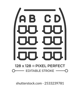 Ícone linear do plano de assento do avião. Fileiras na cabine. Disposição dos bancos. Para embarque e seleção de assentos durante viagens aéreas. Ilustração em linha fina. Símbolo de contorno. Desenho de contorno de vetor. Traçado editável