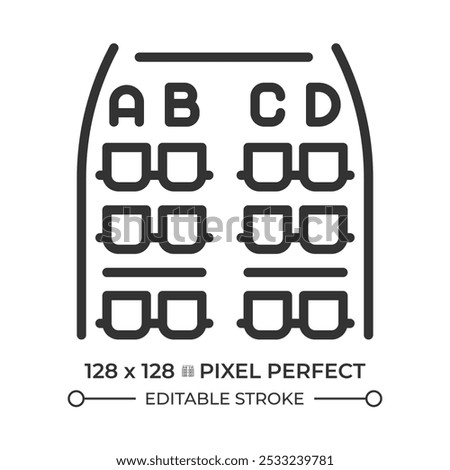 Airplane seat plan linear icon. Rows in cabin. Seat arrangements. For boarding and seat selection during air travel. Thin line illustration. Contour symbol. Vector outline drawing. Editable stroke