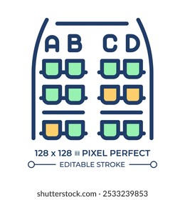 Flugzeugsitzplan RGB Farbsymbol. Reihen in der Kabine. Sitzanordnung. Zum Einsteigen und zur Sitzauswahl während der Flugreise. Isolierte Vektorgrafik. Einfache, ausgefüllte Linienzeichnung. Bearbeitbarer Strich