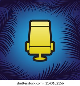 Airplane seat sign illustration. Vector. Golden icon with black contour at blue background with branches of palm trees.