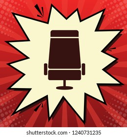 Airplane seat sign illustration. Vector. Dark red icon in lemon chiffon shutter bubble at red popart background with rays.