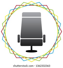 Airplane seat sign illustration. Vector. Black icon with patch of light inside colorful hexagonal frames at white background.